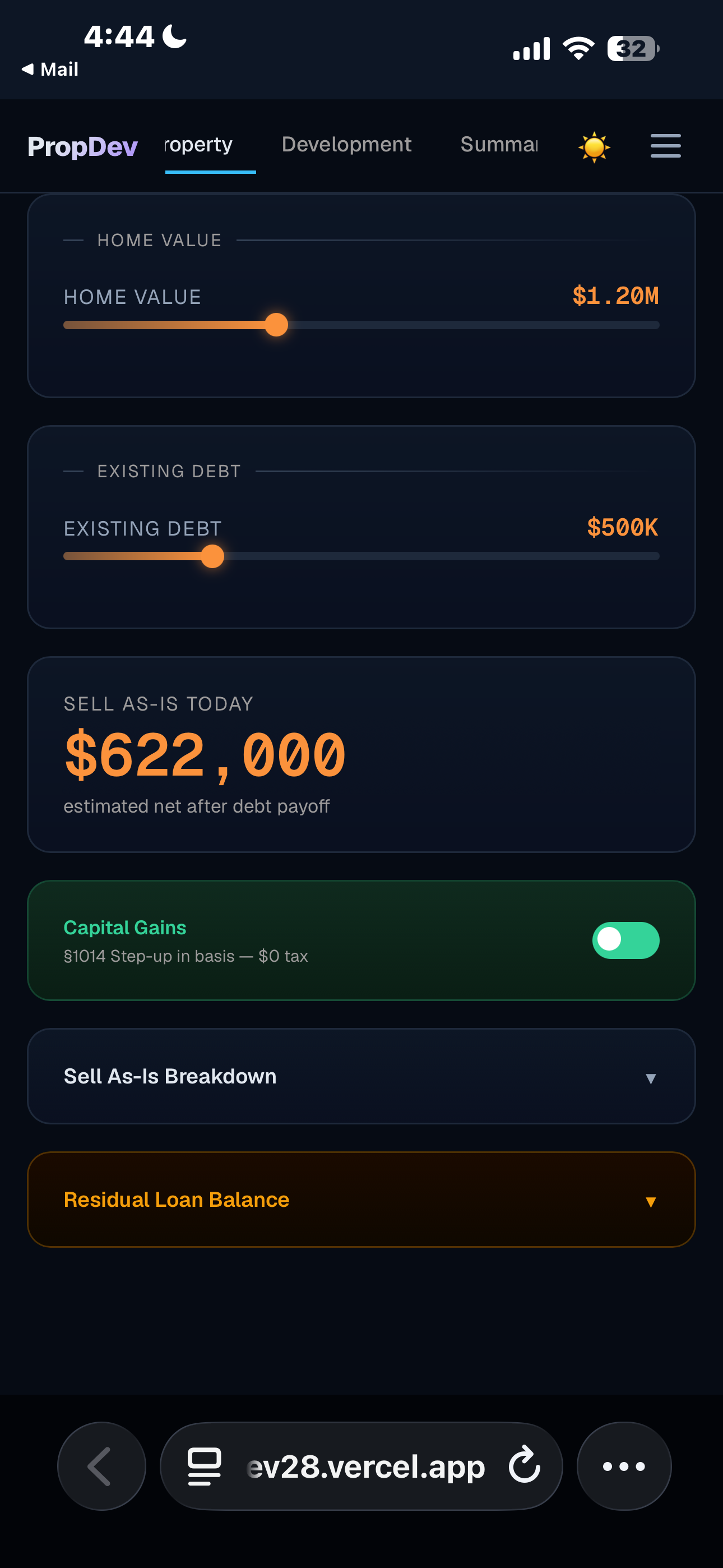 PropDev mobile screen showing home value, existing debt, and estimated net proceeds from selling as-is today