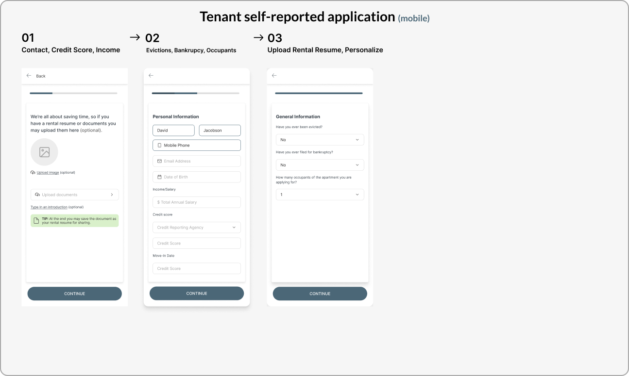 Three mobile screens of the tenant self-reported application: contact/credit/income, eviction and occupancy history, and rental resume upload
